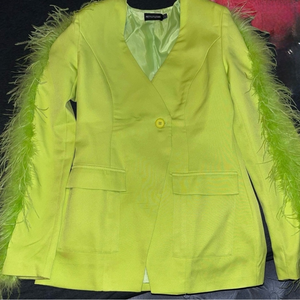 PrettyLittleThing Neon Lime Feather-Trim Blazer